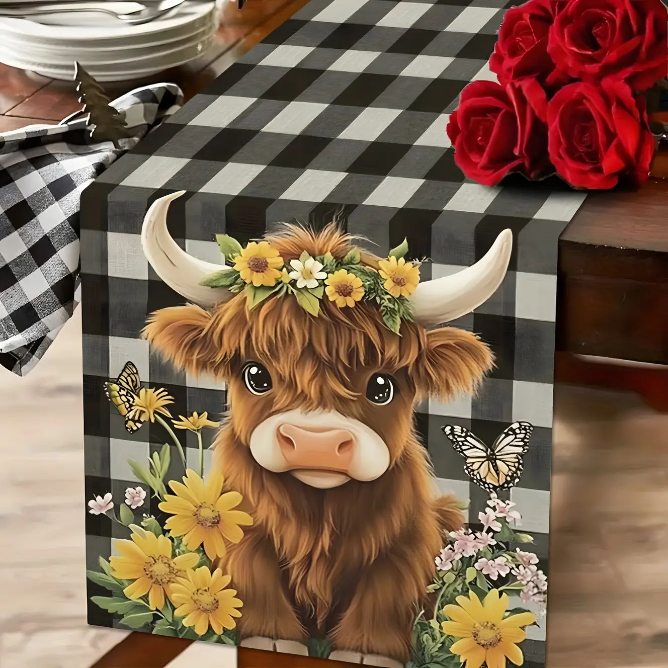 Durable Linen Table Flag - Black and White Checkered, Playful Country Style, Animal Head with Floral Crown & Horns, Small Yellow Flowers, Exquisite Craftsmanship, DIY Design, Non-Slip, for Living Rooms, Mantelpieces, Offices