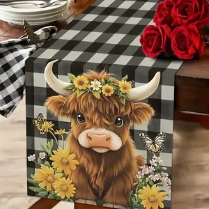 A Table Flag Featuring a Playful Country Style with a Black And White Checkered Background, Adorned with an Animal Head Wearing a Floral Crown And Sporting Horns, Complemented by Small Yellow Flowers. The Design Is Cute And Whimsical