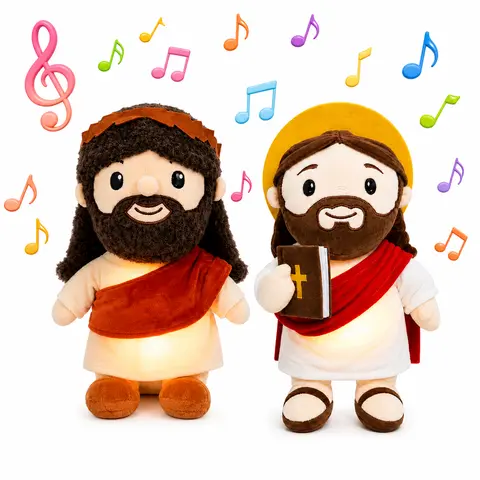 Christian-Themed Breathing Jesus Plush Doll - Huggable Stuffed Animal with Cute Jesus Design, Soft Body, Gentle Breathing Motion, Gentle Glow, Brown Hair-Beard, Cream Robe, Red Sash - Bedtime Companion, House Decoration Gift