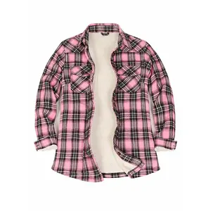 FlannelGo Women's Plaid Sherpa-Lined Collared Button-Down Fleece Shacket Jacket - Fitted Cotton Long Sleeve Casual Top & Outerwear with Light Pockets for Winter Outdoors