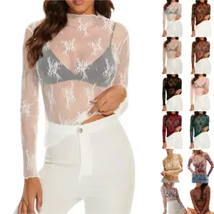 Women's Slim-Fitting Nylon Mesh Blouse, High Neck Longsleeves Lace Floral Top, Sheer Mock Neck Spring Party Outfit, Summer Layering Womenswear