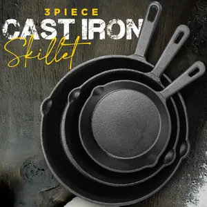 3-Piece Black Cast Iron Skillet Set – Pre-Seasoned Frying Pans (6" , 8" , 10") – Oven, Stove, Grill, Campfire Safe – Easy to UseVelvet Bloom15