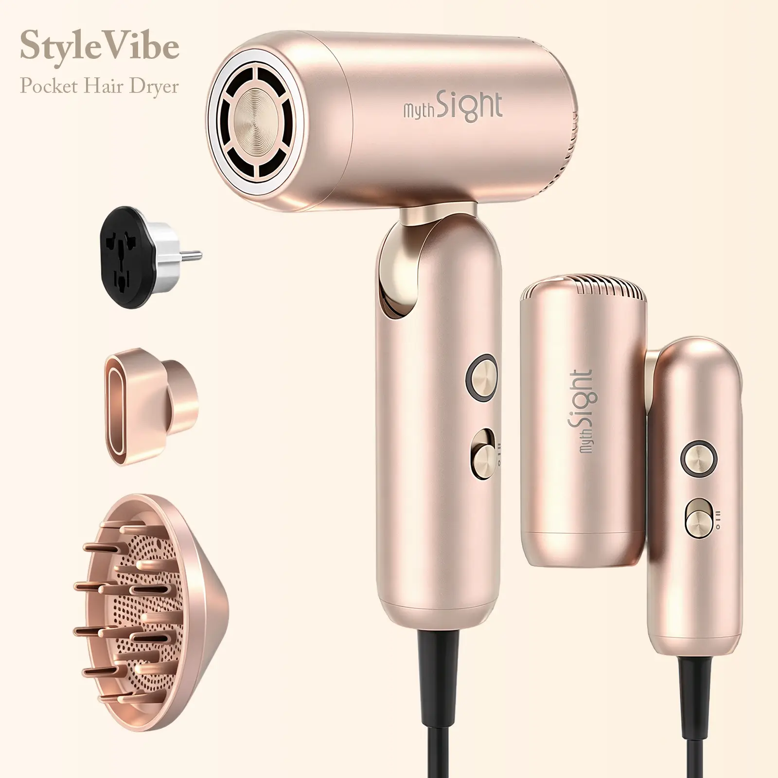 StyleVibe Foldable High Speed Hair Dryer, 110,000 RPM Travel Blow Dryer with Diffuser, Dual Voltage 100–240V, 3 Heat & 2 Speed Settings, Negative Ions for Against Heat Damage, Compact Hair Dryer with Storage Bag