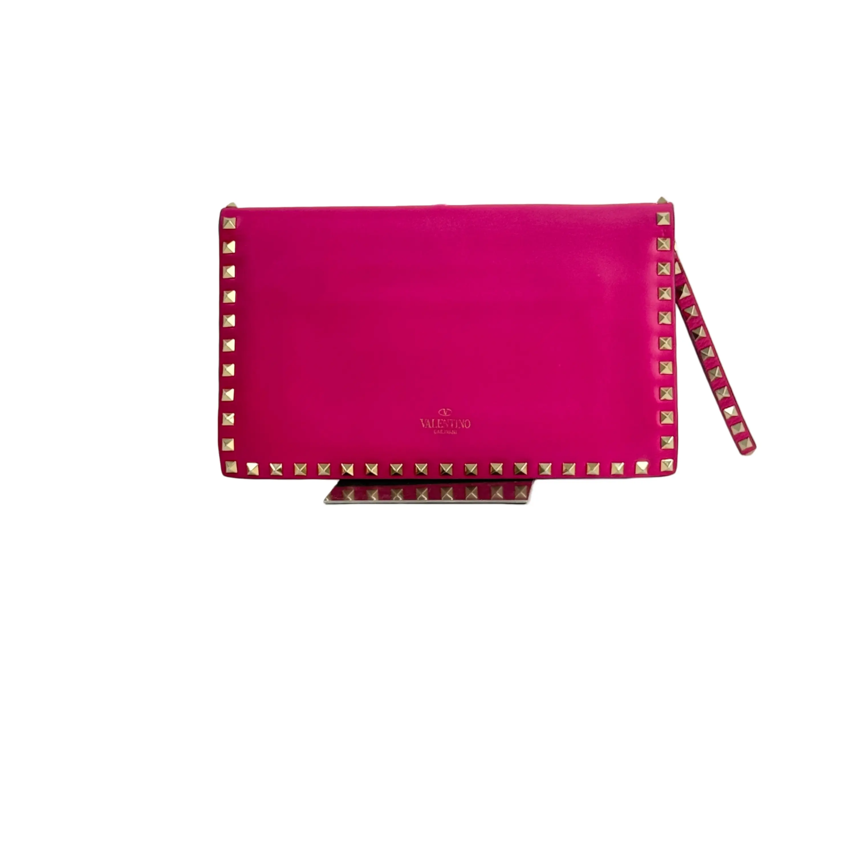 Pre-owned Valentino Rockstud Smooth Pink Leather Envelope Clutch with Wrist Strap Genuine Luxury Clutches & Wristlets for Evening Events