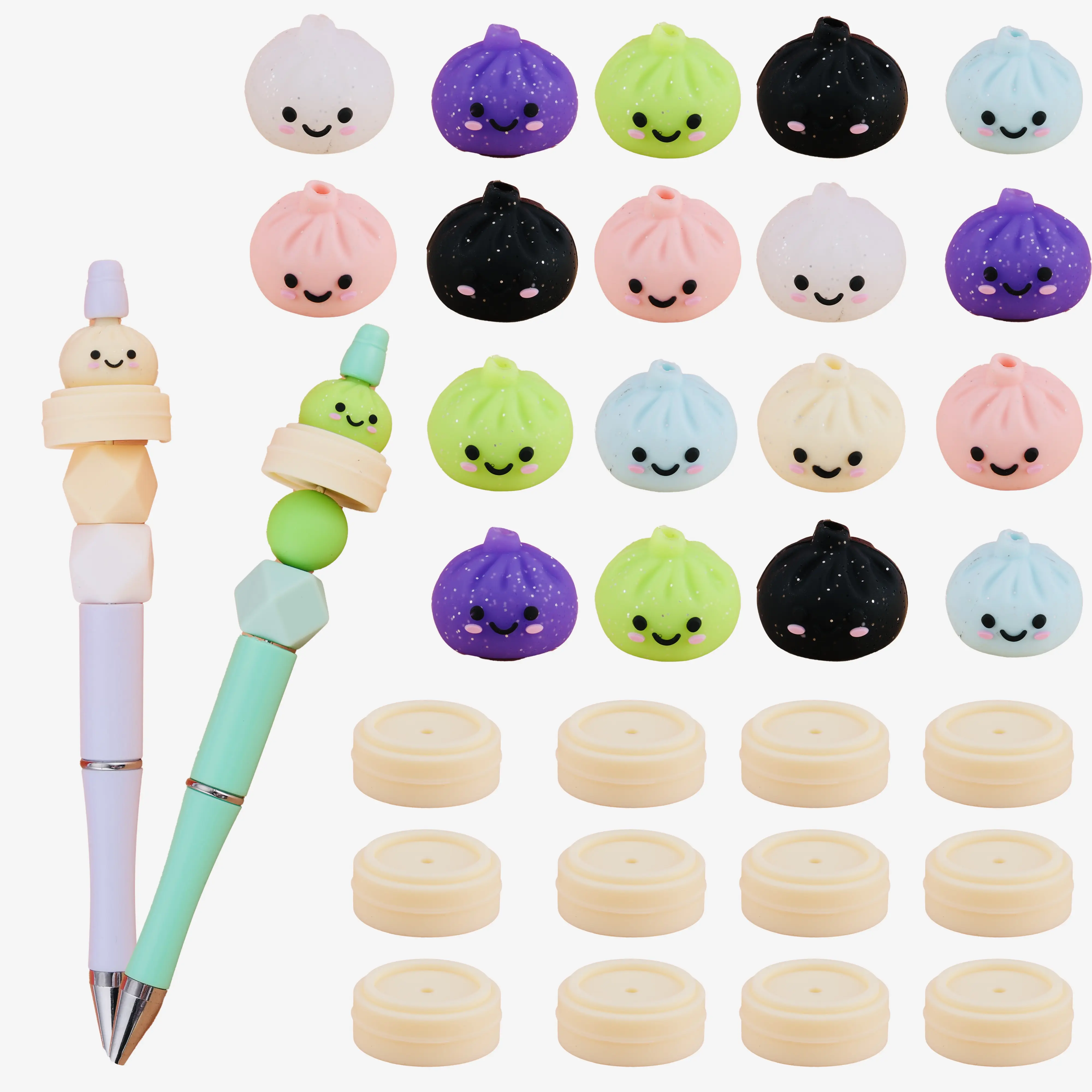 16 pieces of mixed-color glitter powder silicone beads, cute smiling face food-shaped loose beads, suitable for making homemade pens, bracelets, accessories and various DIY handcrafted items.