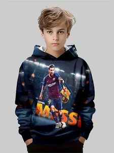 Boys' Creative Hooded Sweatshirt, graphic team hoodie, Football Heroes Messi & Ronaldo Print, Fitted Casual Style, All over Print, Fall & Winter Wear