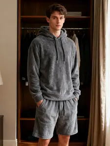Men's Fluffy Fleece Loungewear Set, 2 Piece Outfit with Long Sleeve Hooded Sweatshirt and Drawstring Shorts, Soft Cozy Fitted Casual Tracksuit for Home & Daily Wear, Clothes