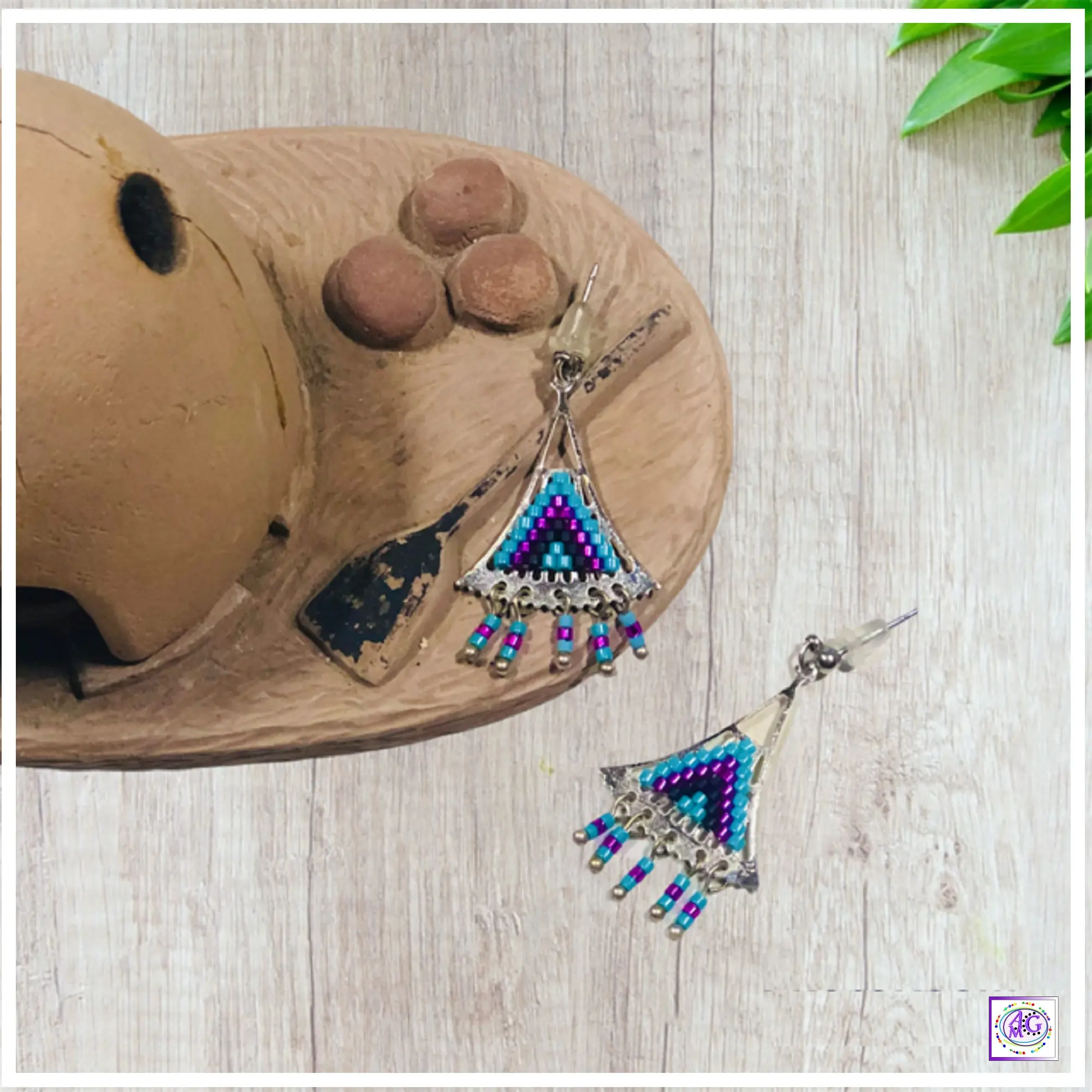 Fuchsia Beaded Silver Triangle Earrings - Geometric Dangle Earrings - Boho Chic Handmade Jewelry
