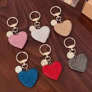 Heart-Shaped Rhinestone Car Keychain, Cute Bling Sparkle Key Holder, Wood Embossed Letter Design, Multi-Color Options, Suitable for Women 25-55