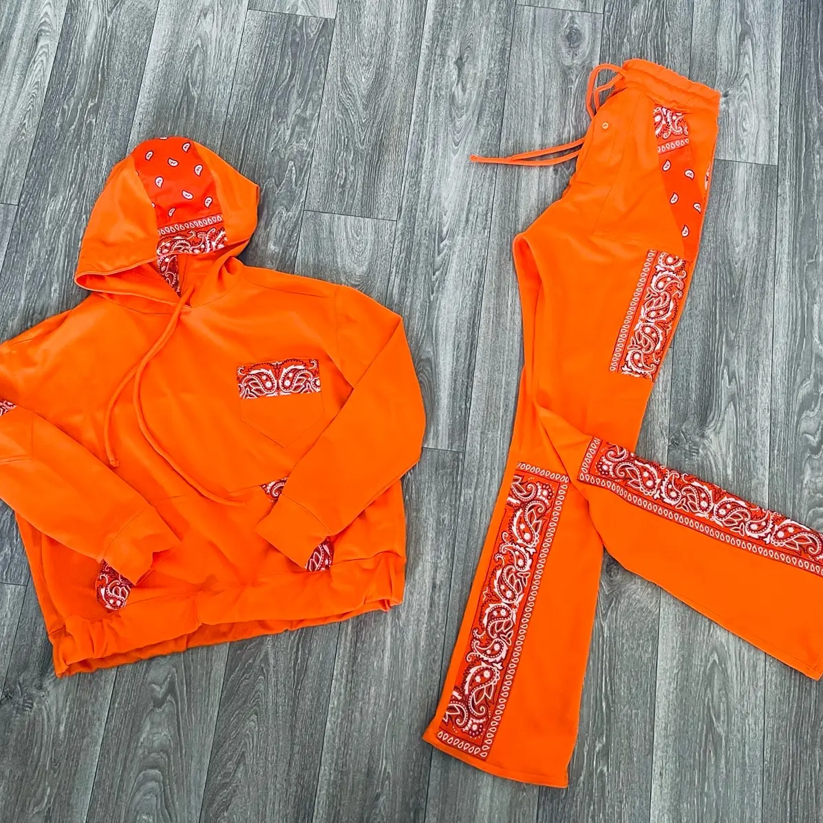 JD Fashion Men Custom Dark Orange Bandanna Trim Tank Shirt Hoodie & Flare Stacked Jogger Pant Set Casual Menswear