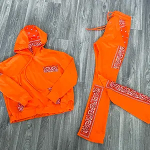 JD Fashion Men Custom Dark Orange Bandanna Trim Tank Shirt Hoodie & Flare Stacked Jogger Pant Set Casual Menswear