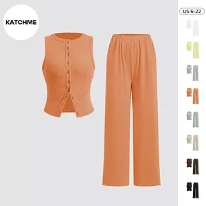 KatchMe Women's Casual Solid Color Sleeveless Button-Up Tank Top & Wide Leg Trousers Co-ord, Minimalist Two Piece Outfits, Comfort Basic Co-ord Set(US)