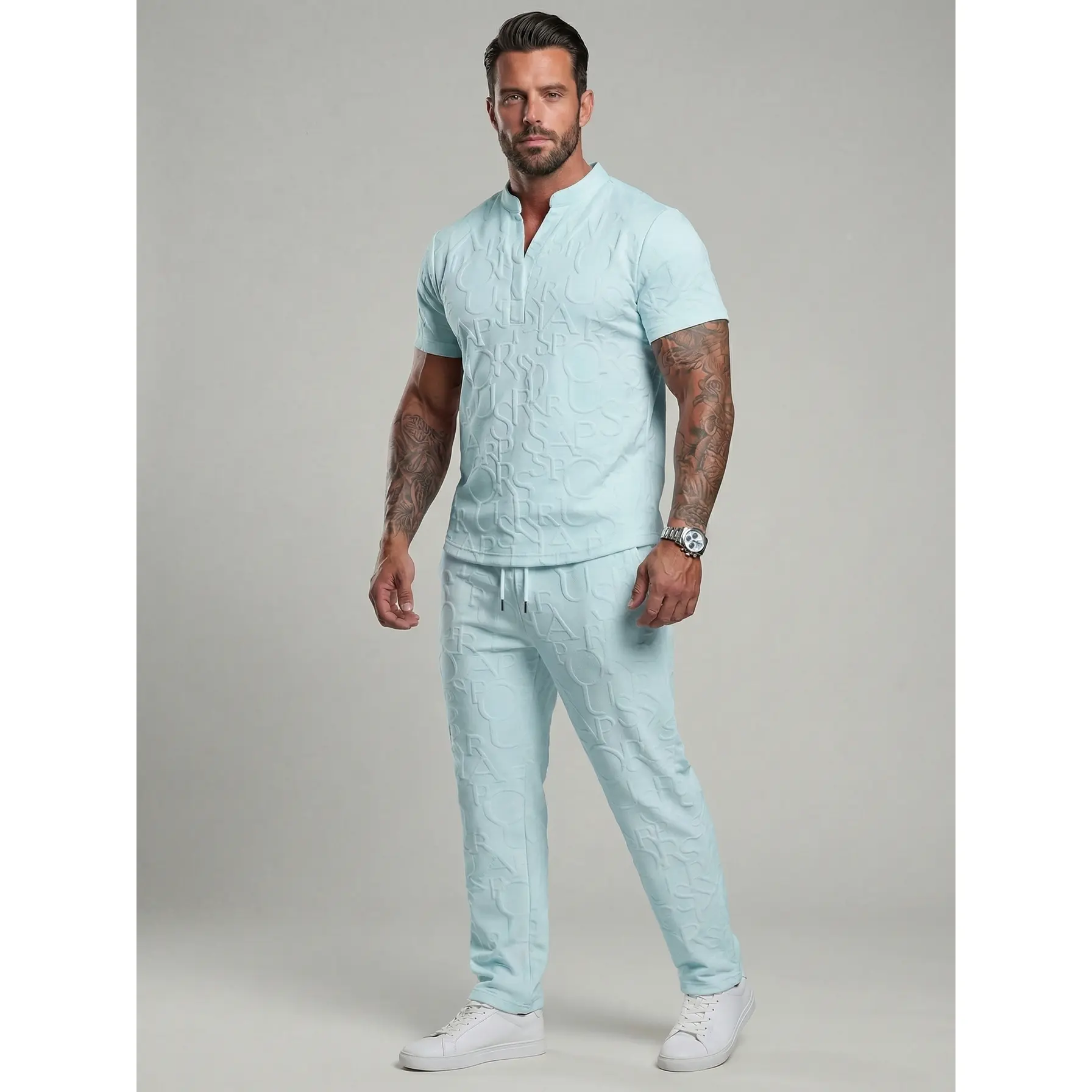 KZZ Men's 2-Piece Menswear Matching Set - Short-Sleeve Textured