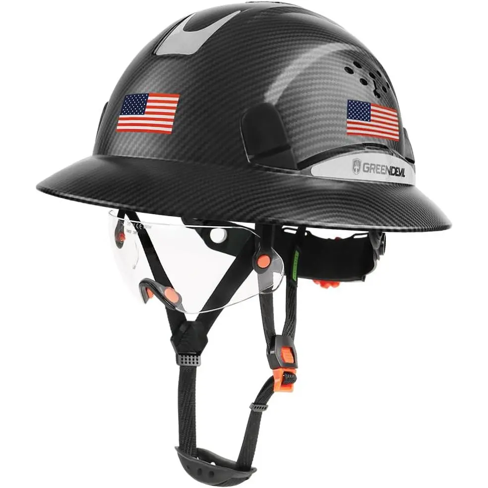 Full Brim Hard Hat with Built-in Visor & 6-Point Ratchet Suspension, Vented Custom Pattern HDPE Shell with Reflective Safety for Adults