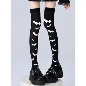 1 Pair Of Spring And Autumn Fashion Trend Holiday Role-playing Solid Color Bat Knee High Stockings