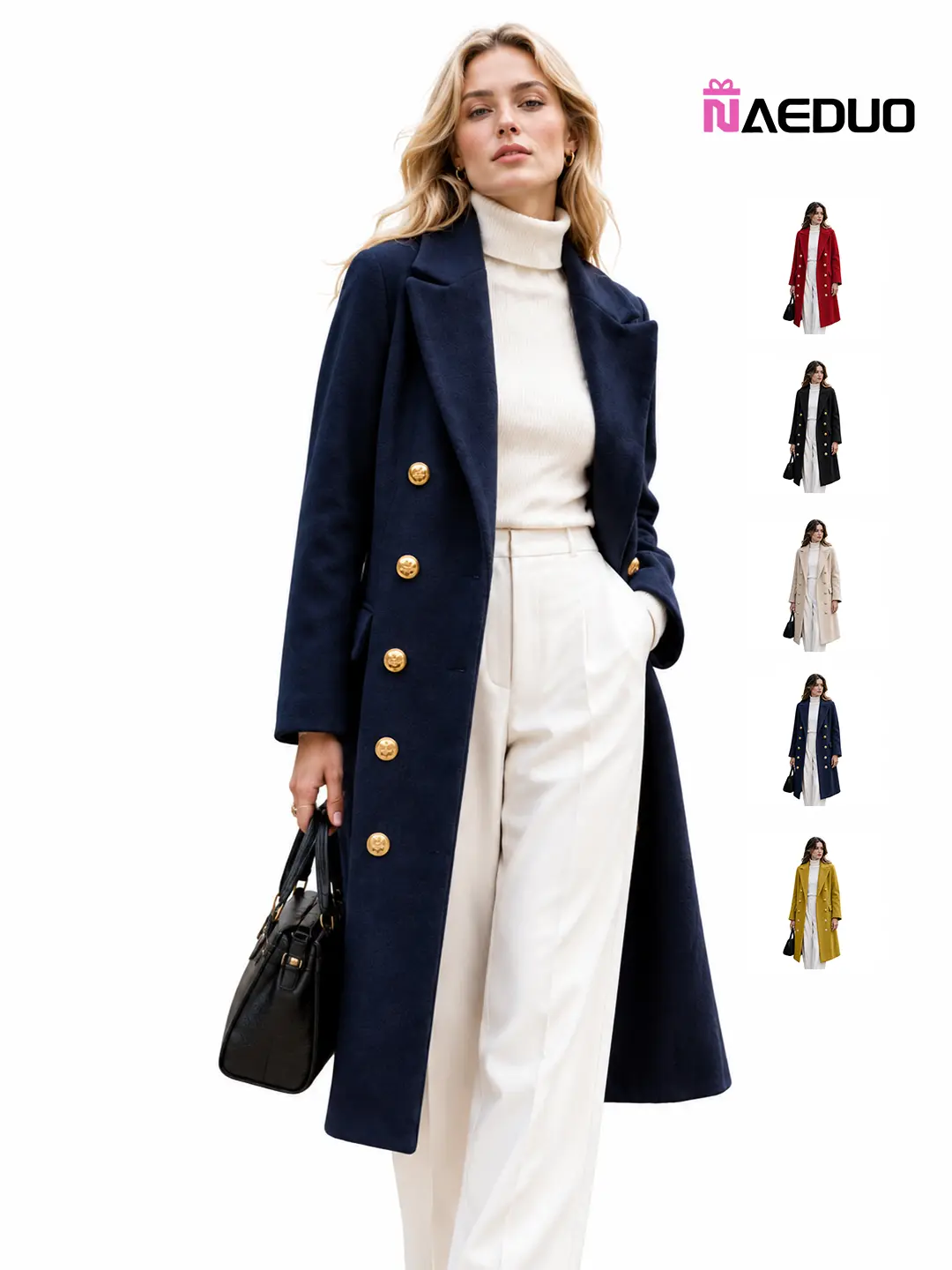 Naeduo Women's Wool Blend Long Coat, Chic Double Breasted Formal Winter Jacket with Notched Lapel and Gold Buttons, Long Sleeve, Basic, Collared, Jackets, Clothes