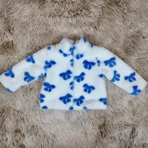 Long sleeves blue bow double-ended zipper fur jacket kids girls fall winter coat
