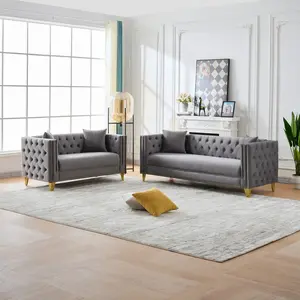 Velvet Living Room Sofa Set of 2, Comfy Loveseat and 3 Seater Couch, Modern Sofa with Tufted Back and Rivet Decoration, Upholstered Long Couch with Solid Golden Metal Tapered Legs, Grey
