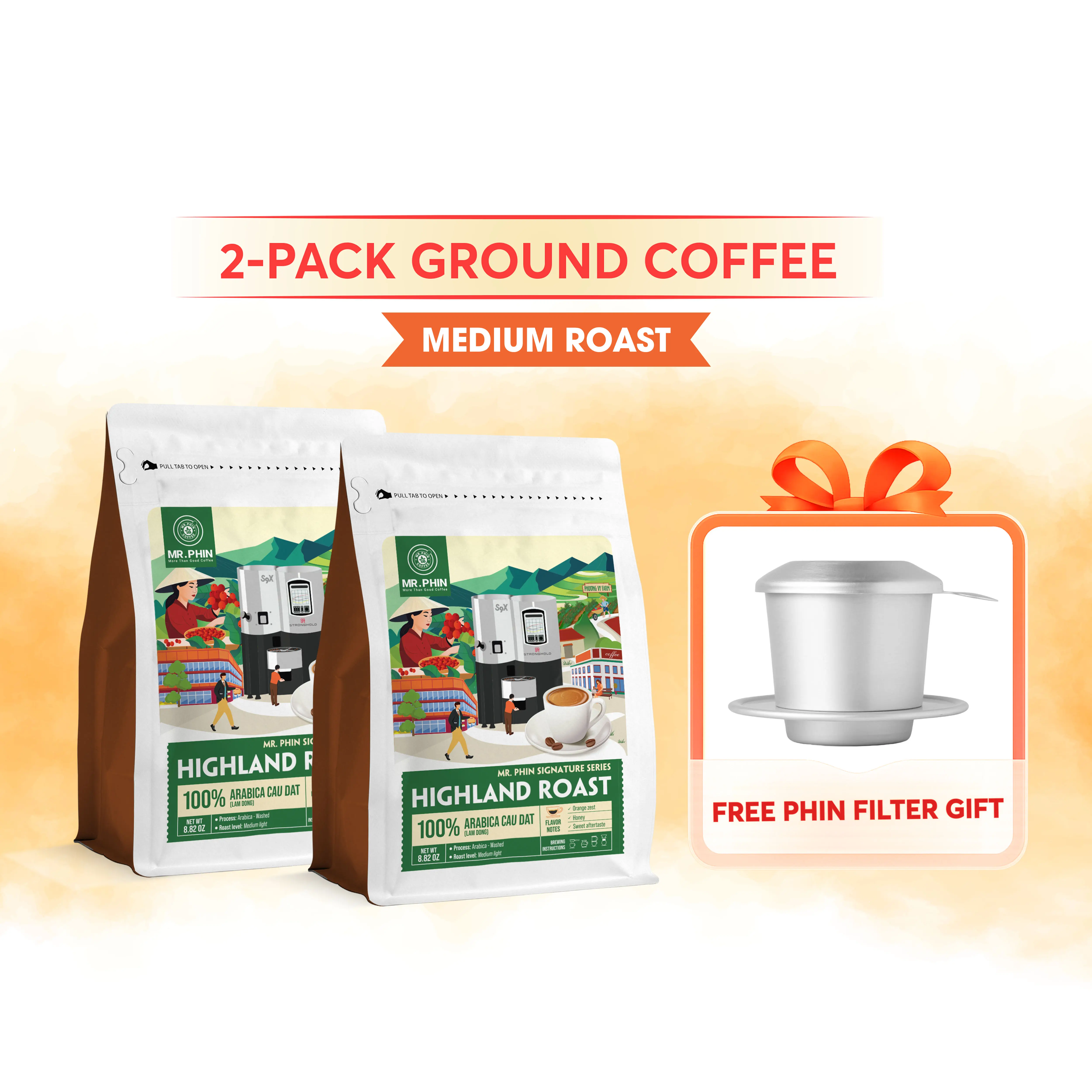 Highland Roast – Arabica Coffee Ground with Vietnamese Phin Filter (1.1 lb/2 Pack)