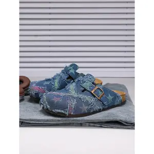 Unisex All-Season Soft Cork Slippers, Fashionable Patchwork Star Design, Denim Material, Casual Style, Comfortable Daily Wear, Slippers