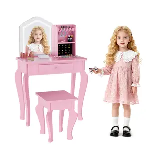 Changing table for kids with illuminated mirror, changing table and stool for little girls, Makeup table set for young children and Makeup play set for 3 - 8 year - old girls, White color