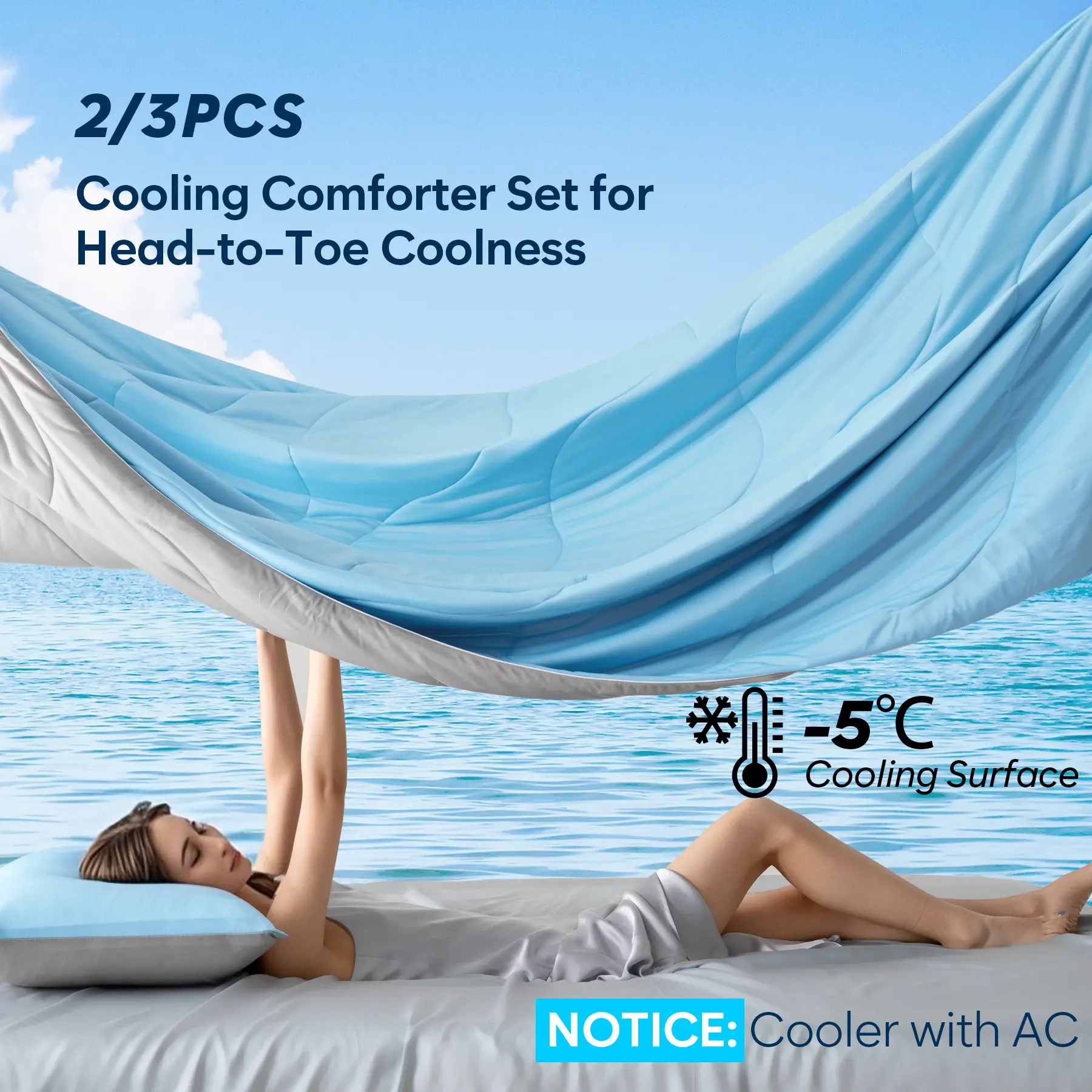 DOWNCOOL 2/3PCS Cooling Comforter Set with Pillowcases Double-Sided Q-Max>0.04 Arc-Chill Duvet for Hot Sleepers Breathable Summer Quilt Lightweight So