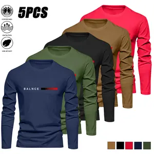 Men’s 5-pack long-sleeve crewneck sports tops, quick-dry apparel; fitness wear, casual outdoor sportswear, shaping workout clothing; available in 5 colors.