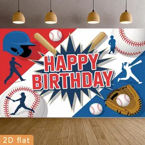 2D Flat Banner 1pc, Birthday Party Banners Polyester Backdrop Red Blue Baseball Element Happy Birthday Sports Themed Design Event Decorationhome Room Courtyard Farm Garden Photography Live Streaming Wedding Club Gift Fe