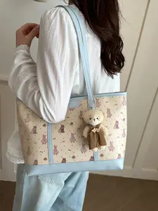 Women's Cute Teddy Bear Rabbit Print Tote Bag, Medium PU Leather Shoulder Bag, Detachable Bear Charm, Ideal Gift for Daily Use