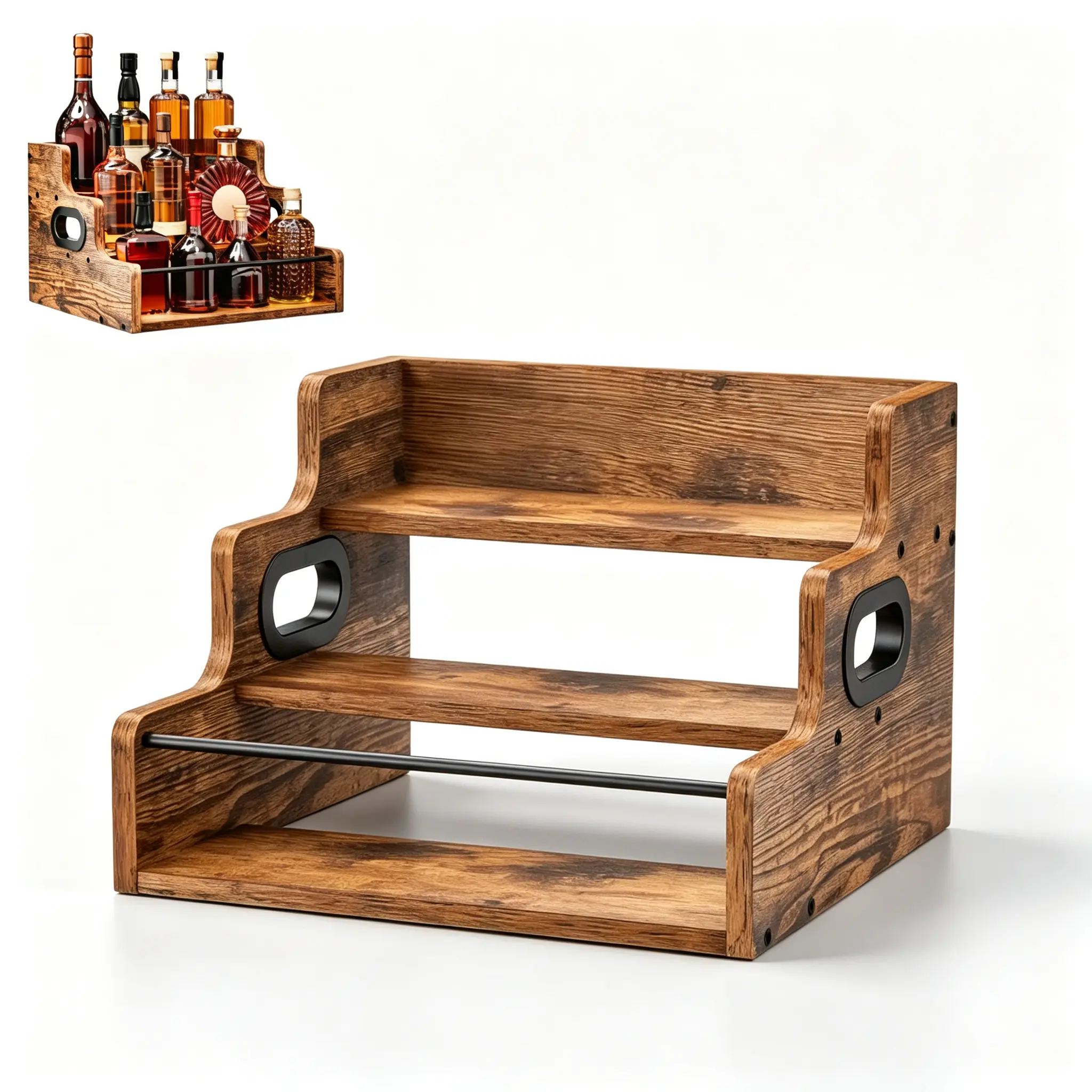 3 Tier Wooden Liquor Bottle Stand – Rustic Wood Wine Rack Countertop Display Shelf with Handle & Metal Guardrail, Farmhouse Bar Organizer for Whiskey Bourbon Coffee Mug Kitchen Cabinet Pantry