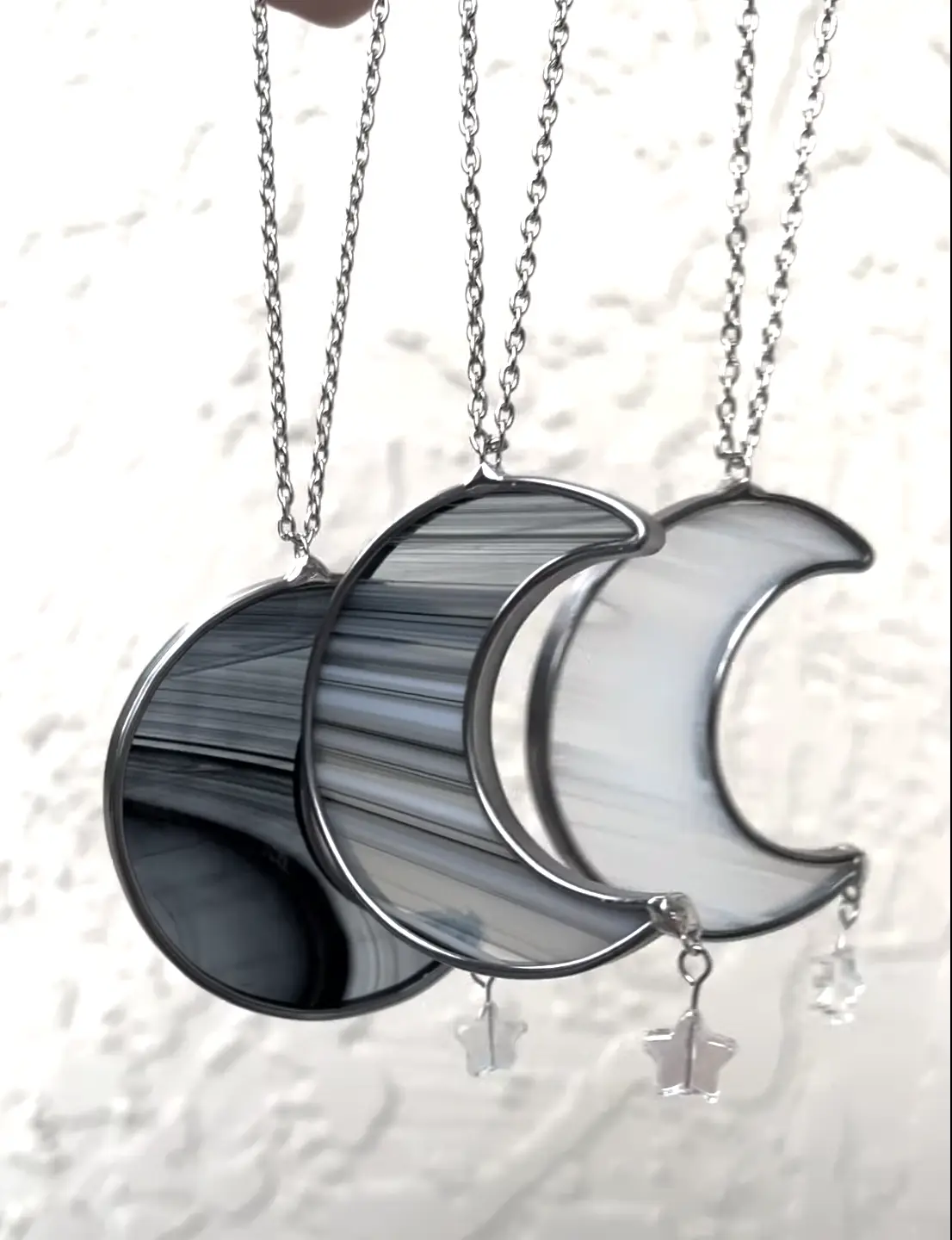 Wispy Stained Glass Mini Moon Interior Rearview Mirror Car Charm! Handmade with Wispy Black, White or Black & White Stained Glass!