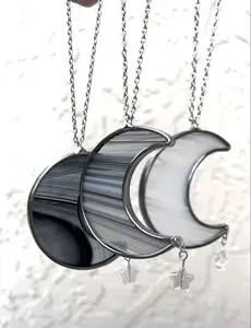 Wispy Stained Glass Mini Moon Interior Rearview Mirror Car Charm! Handmade with Wispy Black, White or Black & White Stained Glass!