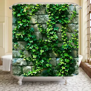 1pc Garden Scenery Shower Curtain, Evergreen Ivy On Stone Wall Background, Green Plant Landscape With Bamboo Court View, Modern Stylish Home Bathroom Decor, 70.8 X 70.8 Inches, With Hooks