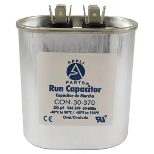 Appli Parts Run Capacitor for ac 30 Mfd uF (microfarads) 370VAC CBB65 Oval Universal fit for hvac and other applications 2-7/8in Wide 1-7/8in Depth 3-1/4 in High in Wide CON-30-370