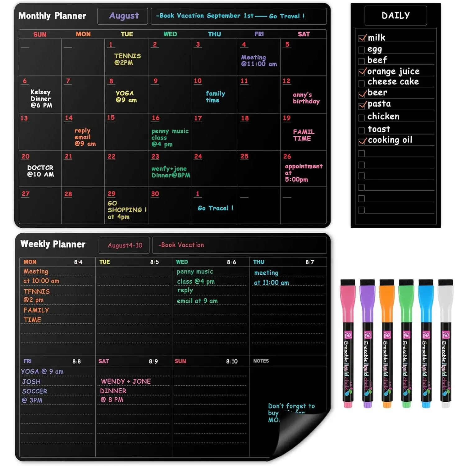 Fridge Black Whiteboard Calendar Set(3-Pack),1 Pcs  Weekly Board and 1 count Refrigerator Planner Calendar,1 Pcs List and 6 Markers,Reward Chore Chart for  Multiple  Teens Adults Family, Workout, Apartment Decor, Weekly Meal Planner, Grocery List, Student