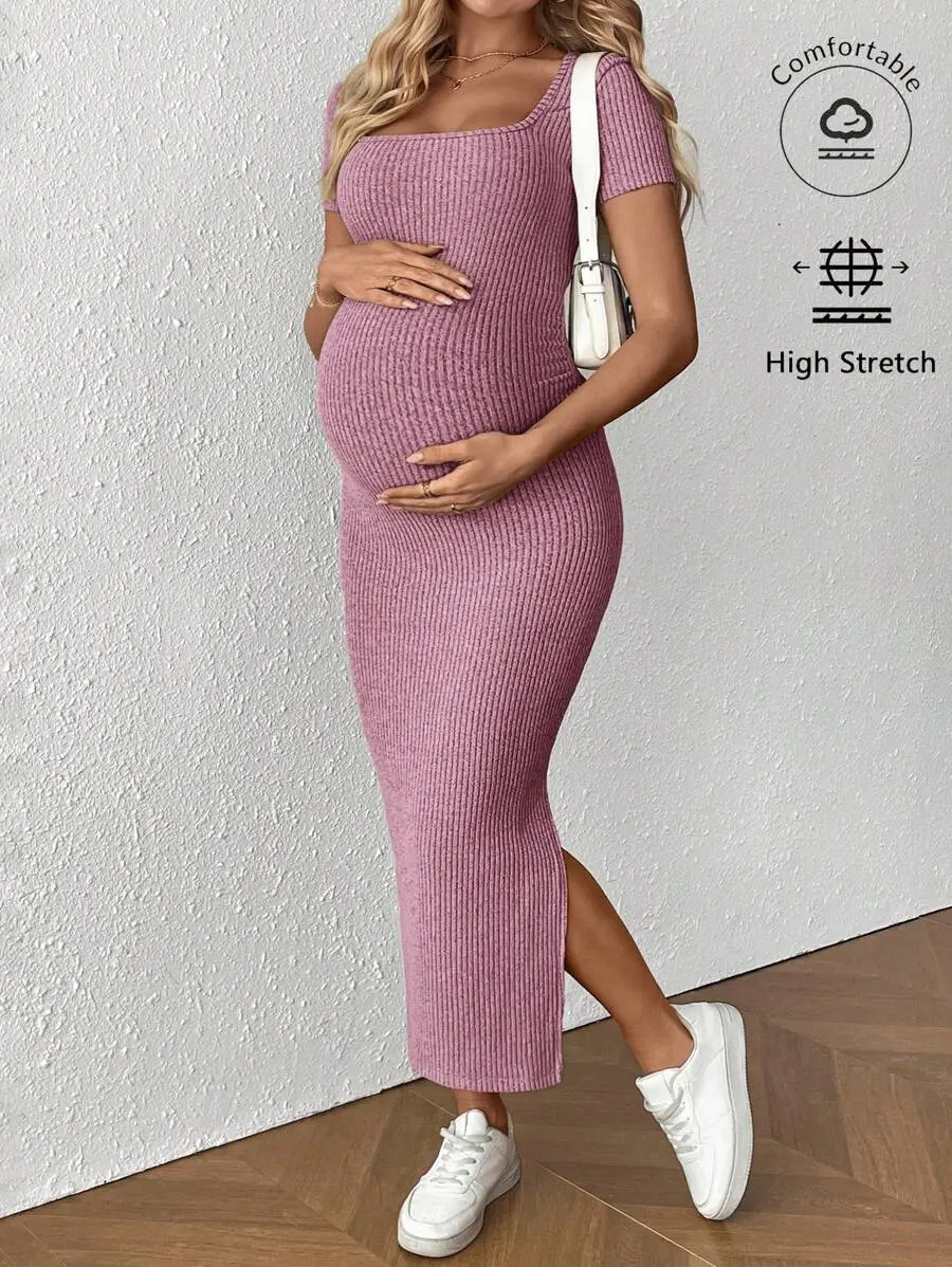 LUNA LAYER Womens Maternity Square Neck Short Sleeve Side Split Fitted Midi Dress