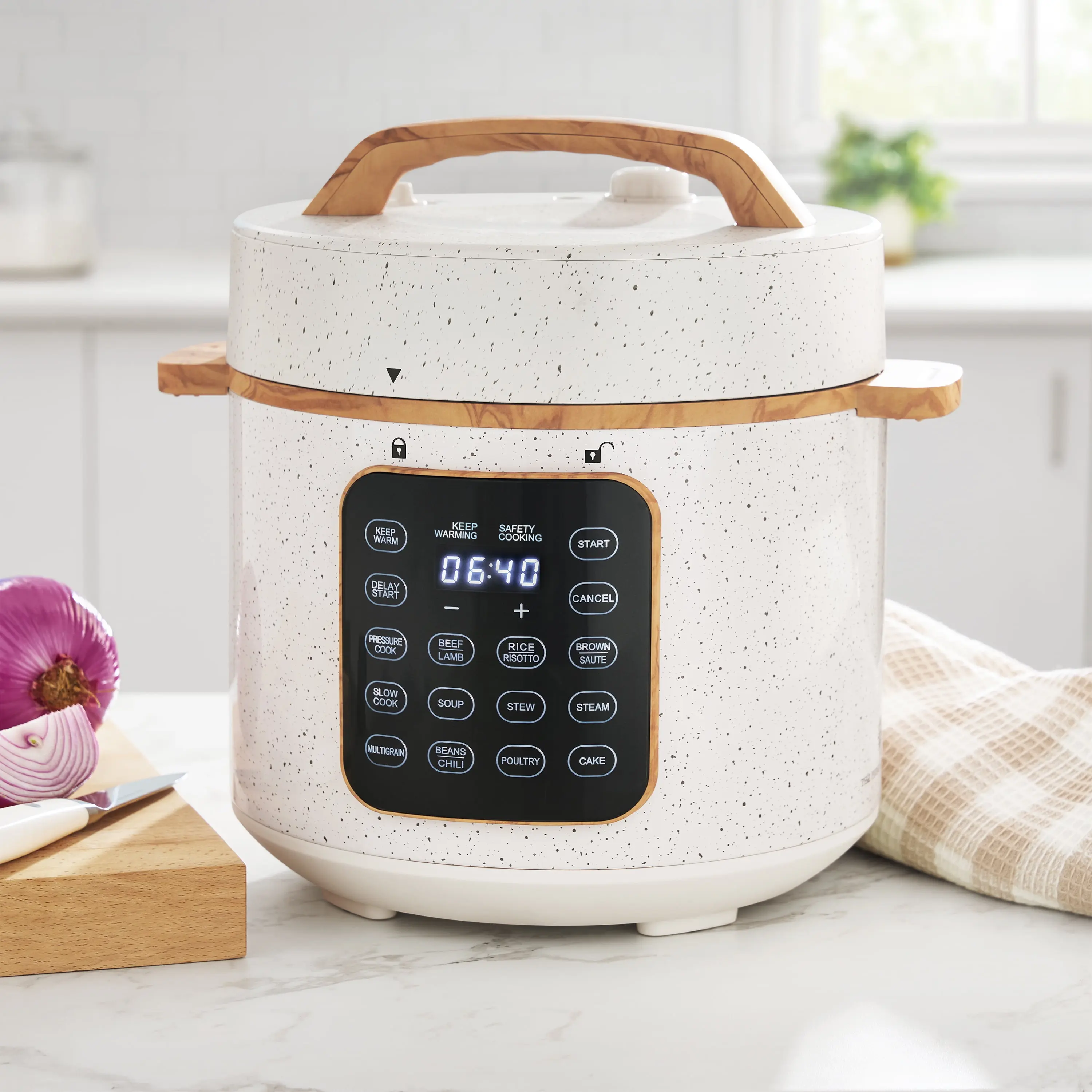 The Pioneer Woman Linen Speckle 6 Quart Electric Multi Cooker, Touch Control Kitchen Appliance for Rice, Soup, Steam and Everyday Family Meals