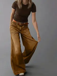 Women's High-Waisted Stretchy Wide Leg Denim Pants, Trendy Seamed Front Loose Jeans, Womenswear Bottom