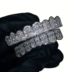 2pcs/ set of Sparkling Hip-hop Cubic Zirconia Tooth Grilles, Top and Bottom Tooth Caps, Punk Style Role-playing Rap Artist Jewelry, Suitable for Men, Women, and Teenagers, Halloween, Tooth Caps, Teenage Hip-hop Tooth Caps, Hip-hop Rap Style Tooth