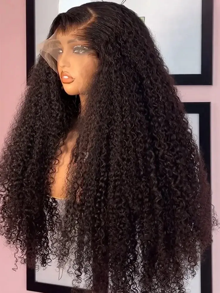 Bling Hair Kinky Curly Human Hair Wig 13X4 Trancparent Lace Wig Curly Human Hair Wig  Brazilian Natural Color Wigs With Baby Hair 180% Density