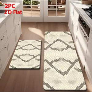2/3 Piece Flannel Kitchen Mat Set, Ivory Base with Snake Skin Texture, Non-Slip, Absorbent, Retro Industrial Style