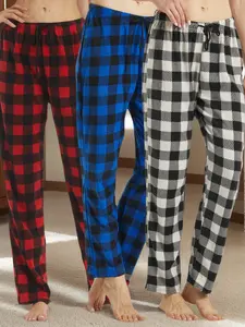 3 Pack Womens Fleece Pyjama Bottoms Ultra Soft Fitted Checked Lounge Pants Winetr Pyjamas for Women PJs Loungewear Pjs Trousers Checkered
