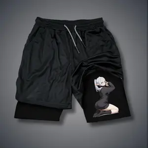 Frieren Anime 80s 90s Double-Layer Sports Shorts Graphic Shorts Black Camo Streetwear Shorts Men Outfits Men Vacation Outfits Shorts