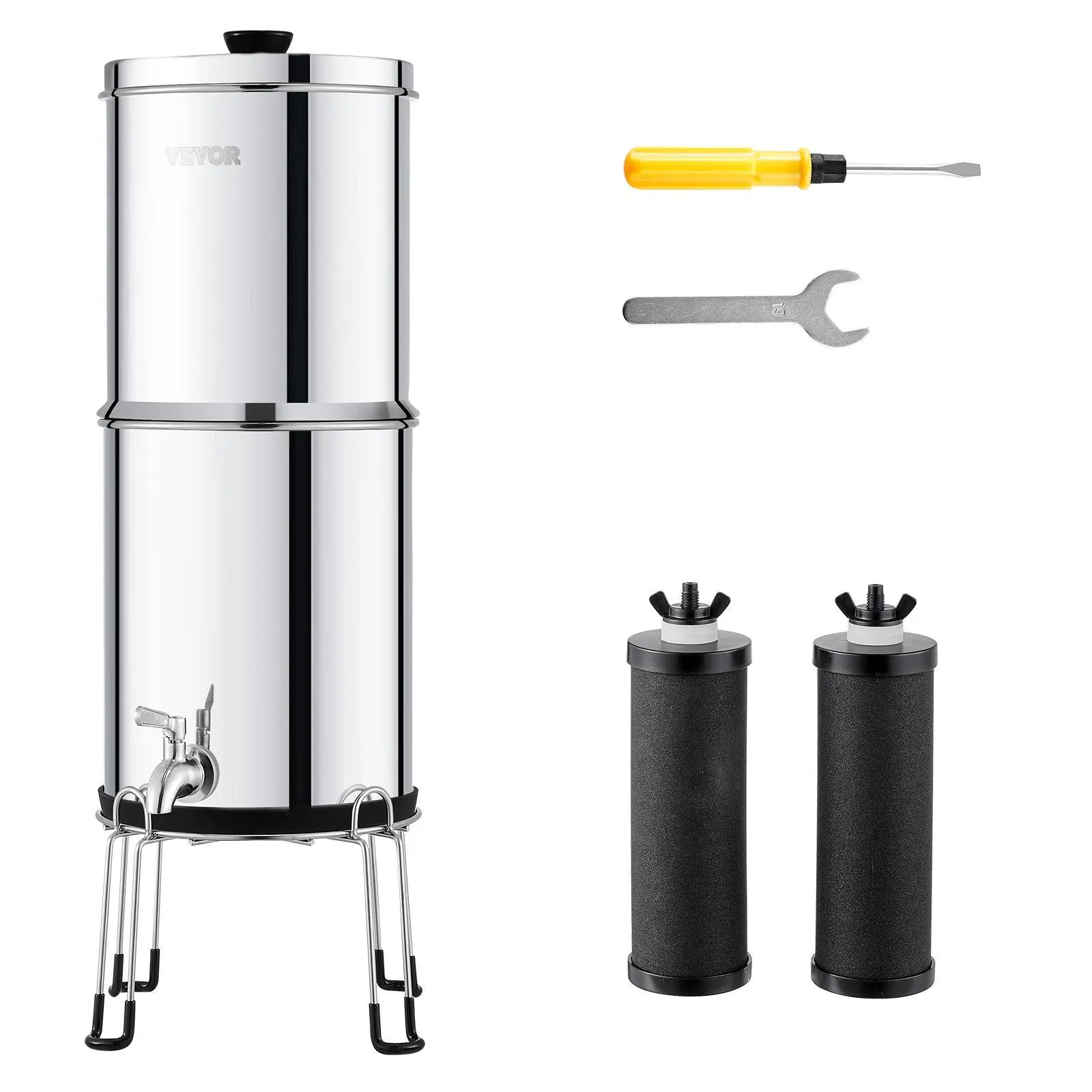 【Summerfinds】VEVOR Gravity-fed Water Filter System, 2.25G 304 Stainless-Steel Countertop Water Filtration System, Reduces Lead and up to 99% of Chlorine, with 2 Carbon Filters/Spigot/Stand, for Home Camping RV