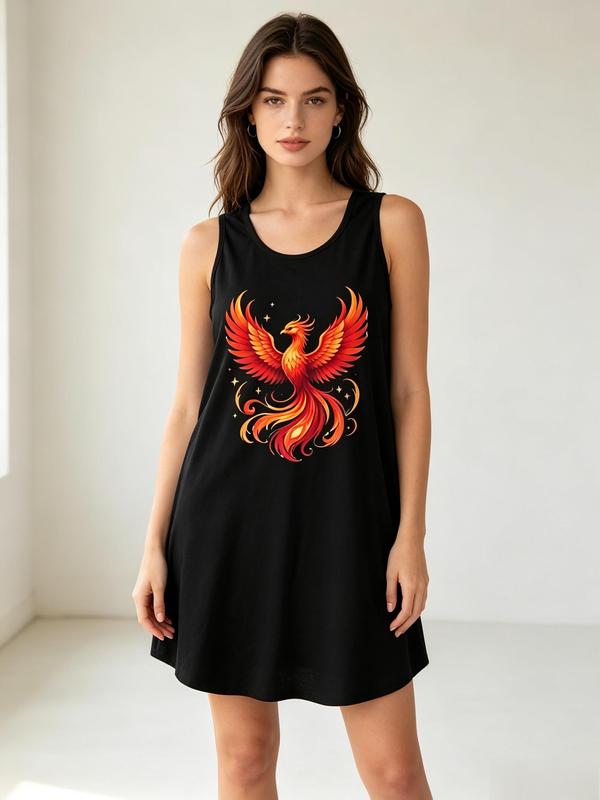 Women's Phoenix Print Sleeveless V-Back Cut Scoop Neck Lightweight Loose-Fit Polyester Nightdress - Elegant Breathable Casual Loungewear, Plus Sizes, Machine Washable Sleepwear