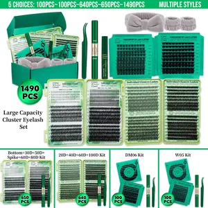 Lashsun 1490 PCS Cluster Eyelash Set Eyelash Extensions D Curl 11 Styles Bottom/Spike/Wispy/Manga/Volume Lashes, Kit with Bond&Seal Lash Remover Tweezers Headband&Wristband, Perfect for Beginners&Proficient, DIY at Home Easily, Easy Apply for Makeup Daily