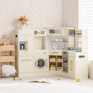 ROBUD Wooden Light Luxury Corner Kitchen, Kids Kitchen Playset, Toy Kitchen Set with Realistic Accessories, Ideal Gift for Kids & Toddlers, Age 3+ (White)