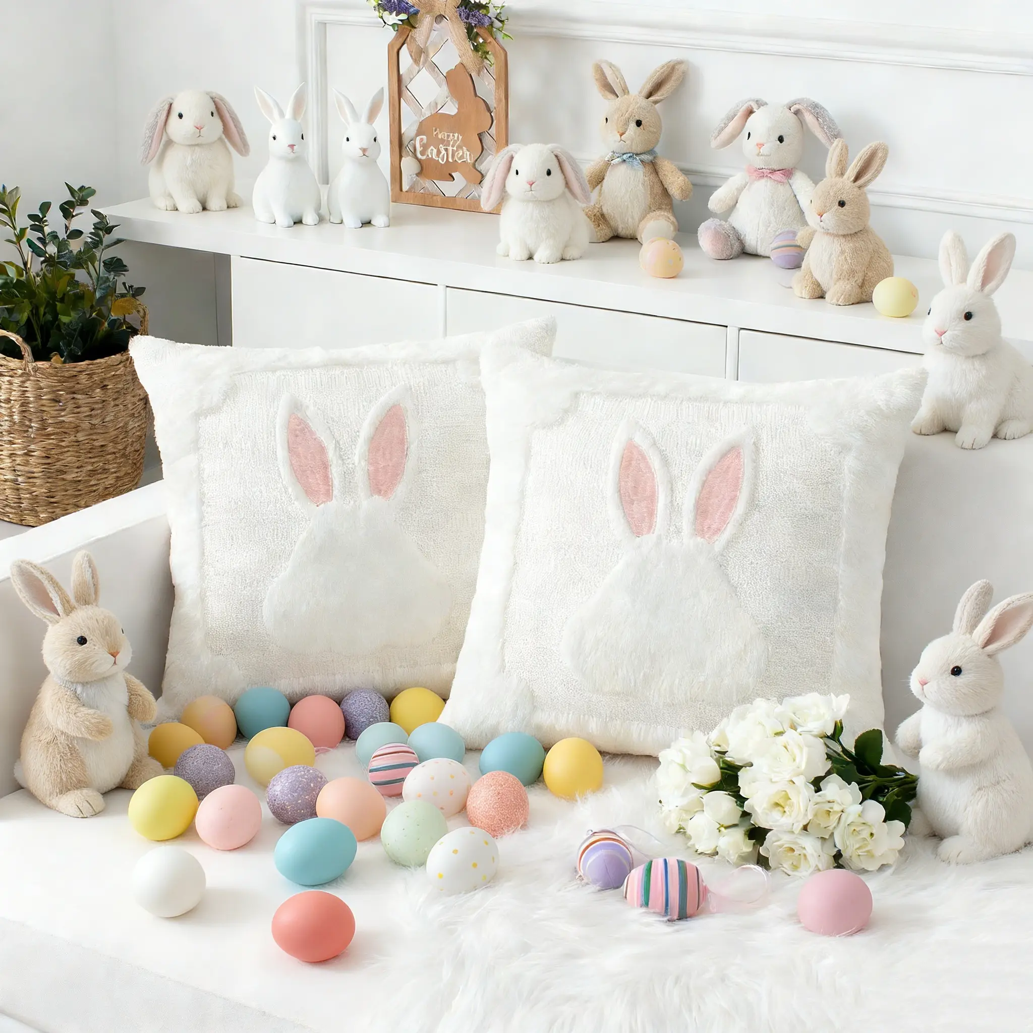 2-Pillow Set Cute Home Textile Bunny Print Soft Plush Easter Bunny Pillow Covers, 18x18in White Rabbit Pillowcases with Pink Ears, Spring Kids Gifts