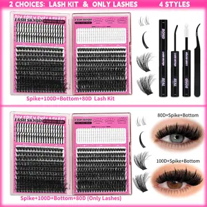 LASH SKYQD 512pcs 4 Styles D Curl False Eyelash Cluster Kit, Bottom/Spike/100D/80D Volume Lash Extensions Kit With Lash Bond and Seal Tweezers, Perfect for Beginners & Proficient, DIY at Home Easily, Easy Apply for Makeup Daily