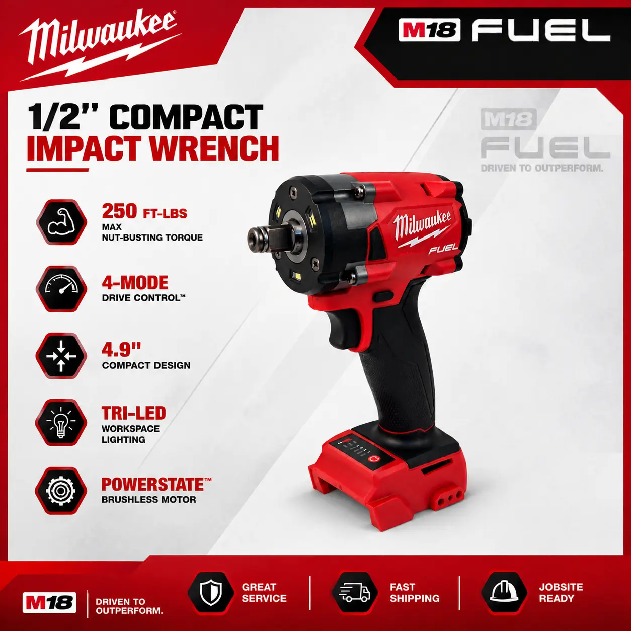 Milwaukee M18 FUEL 2-in-1 Compact Impact Wrench & Driver Tool Only - 1/2" Friction Ring Anvil, 1/4" Hex Bit Holder, 250ft-lb Torque Electric Power Tool, 2-in-1 Drive for Hardware Tasks, Bolt Removal, Impact Sockets